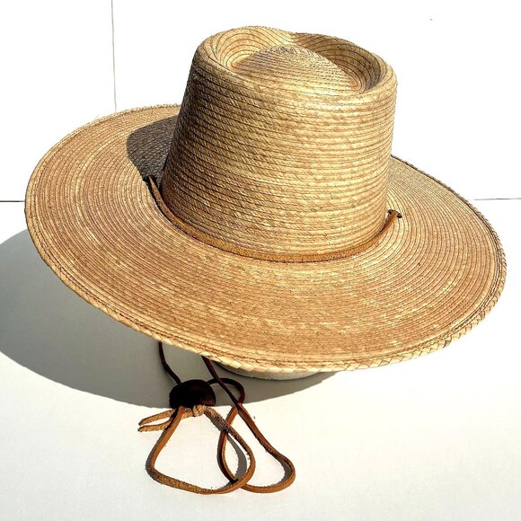 Women’s Gigi Pip Hand Woven Palm Leaves Straw Fedora Hat w/Strap Mexico Size 59